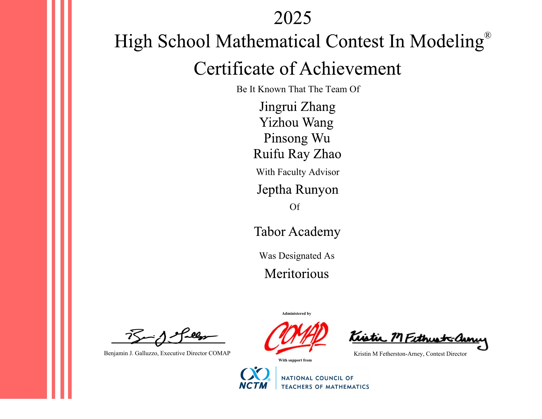 2025 HiMCM team certificate naming Jingrui Zhang and awarding Meritorious distinction