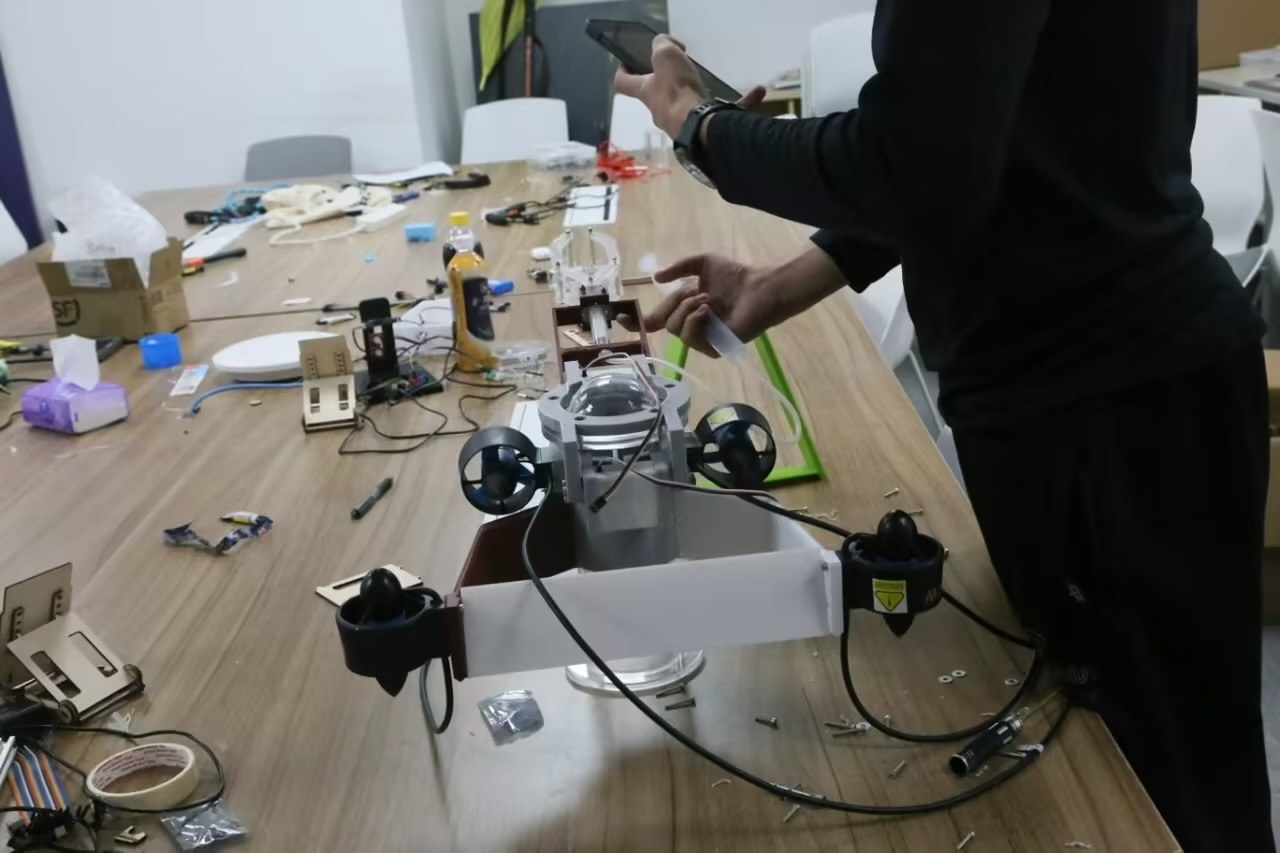 Amphibious drone prototype on the workbench